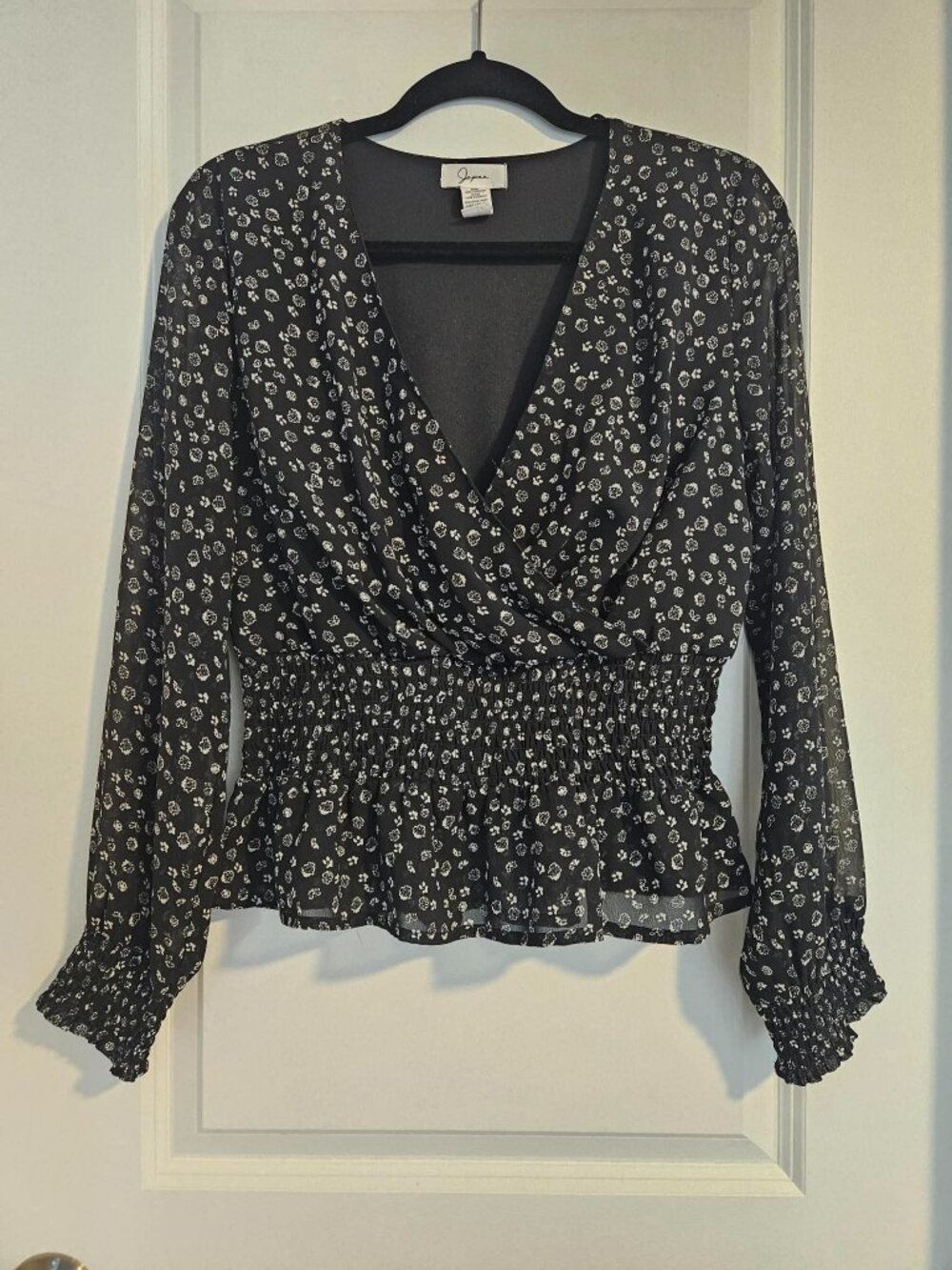 Japna Black with White Abstract Floral Peplum Blouse Size M Sheer Long Sleeve